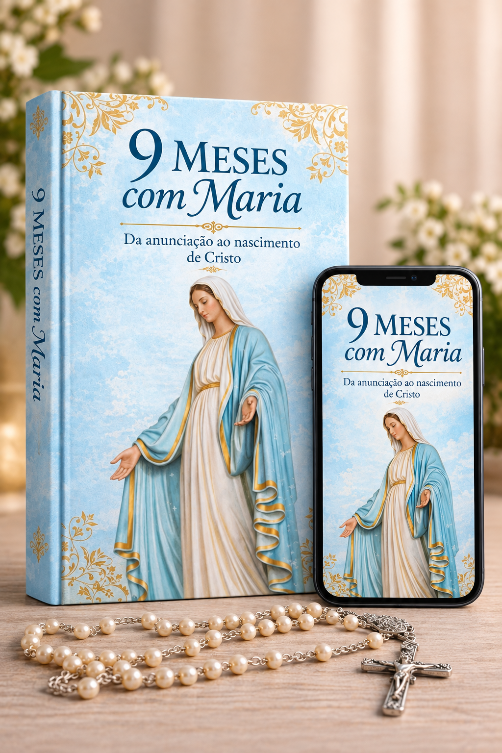 Capa do e-book 9 Meses com Maria ao lado de um celular mostrando o mesmo livro digital