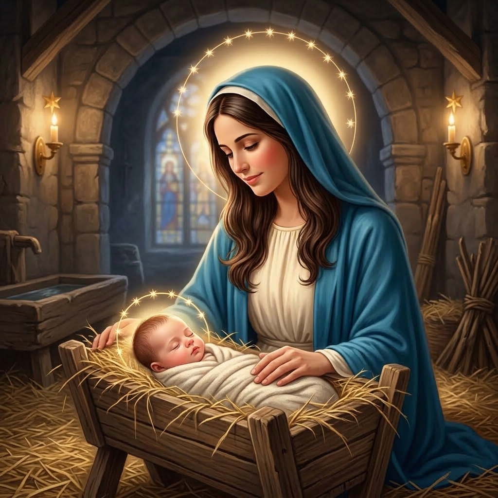 Jesus bebê na manjedoura com Maria deitada ao lado e os animais em volta